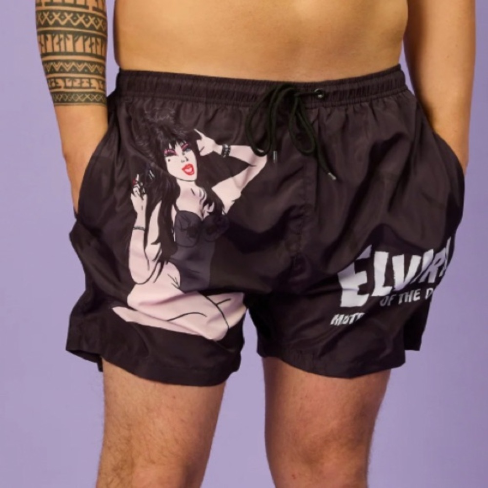 Elvira Mistress Of The Dark Mens Swim Shorts Trunks Black Bats Beach Small NWT - Picture 7 of 8